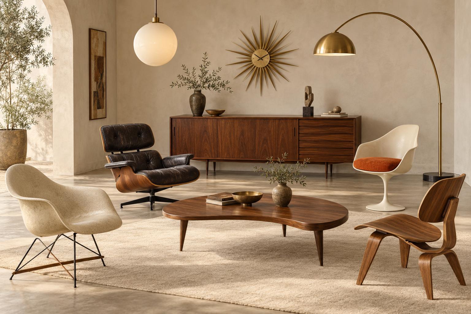 A curated mid-century living room with an Eames lounge chair, Saarinen tulip chair, and walnut credenza